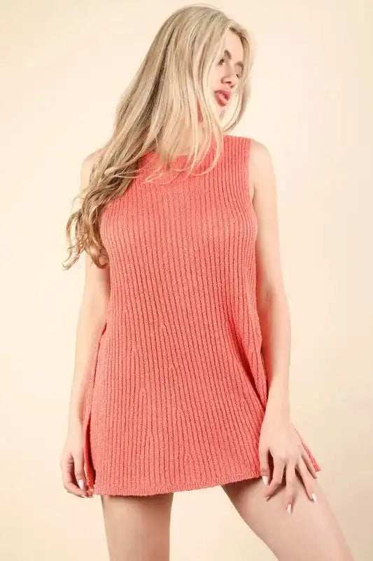 VERY J Slit Round Neck Top and Shorts Sweater Set - Trendsi - Flyclothing LLC