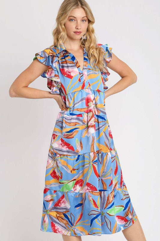 Umgee Full Size Leaf Print Double Layered Ruffle Sleeve Tiered Midi Dress Plus Size - Trendsi - Flyclothing LLC
