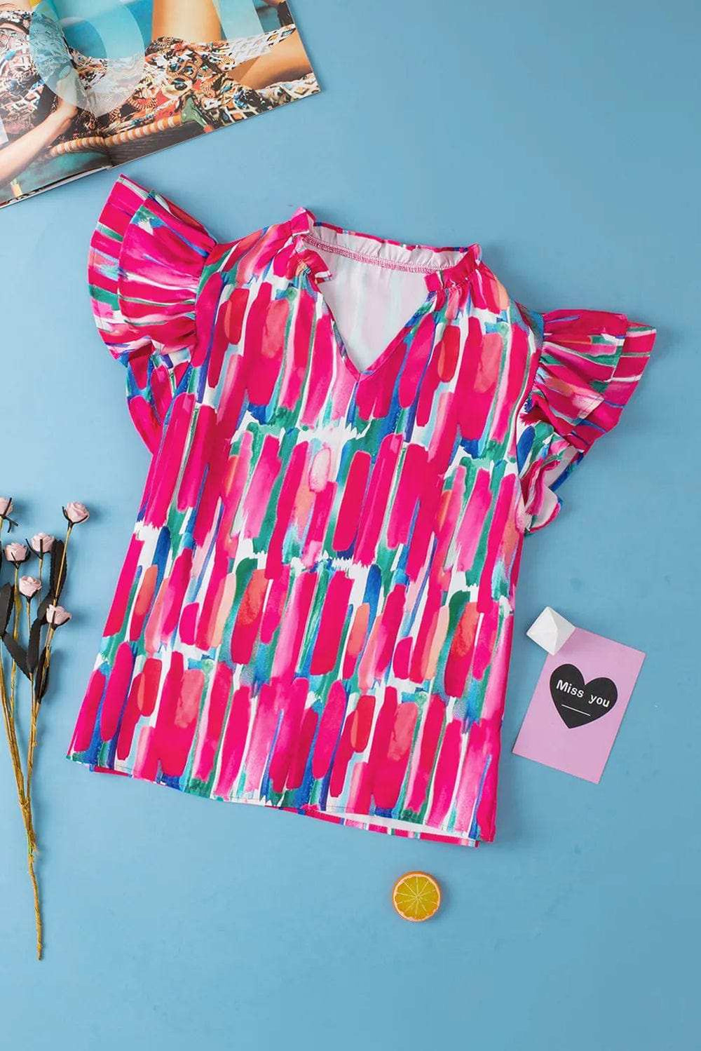 Ruffled Printed Notched Cap Sleeve Blouse - Trendsi - Flyclothing LLC