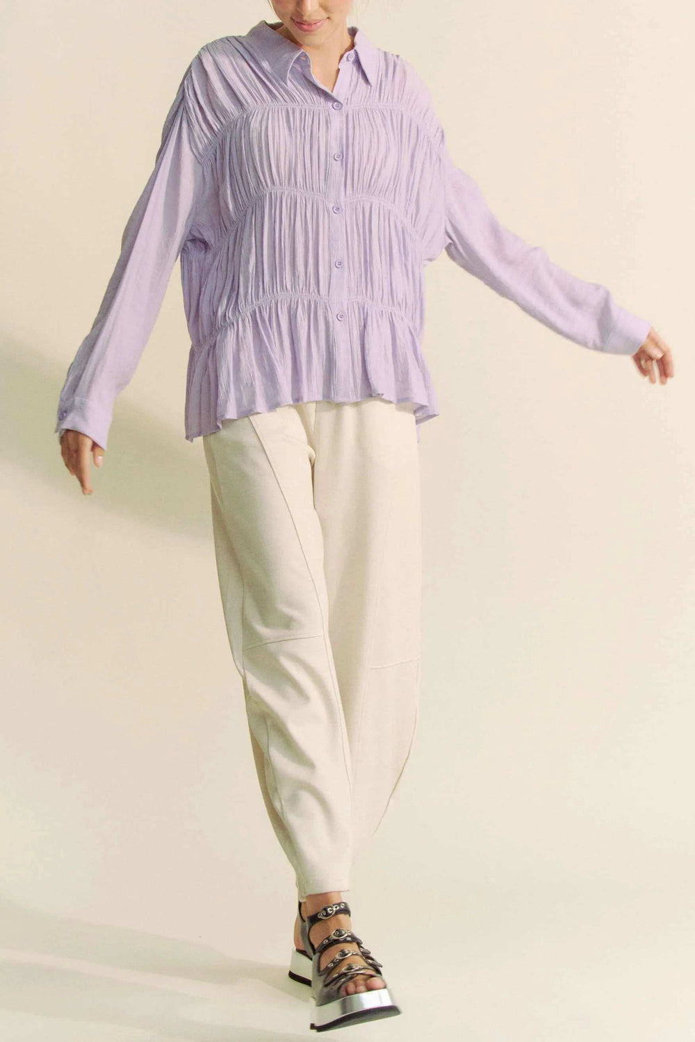 Davi & Dani Ruched All Over Button Front Shirt - Trendsi - Flyclothing LLC