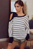 BiBi Stripe Yarn Dye Waffle One Shoulder Ribbon Detail Top - Trendsi - Flyclothing LLC