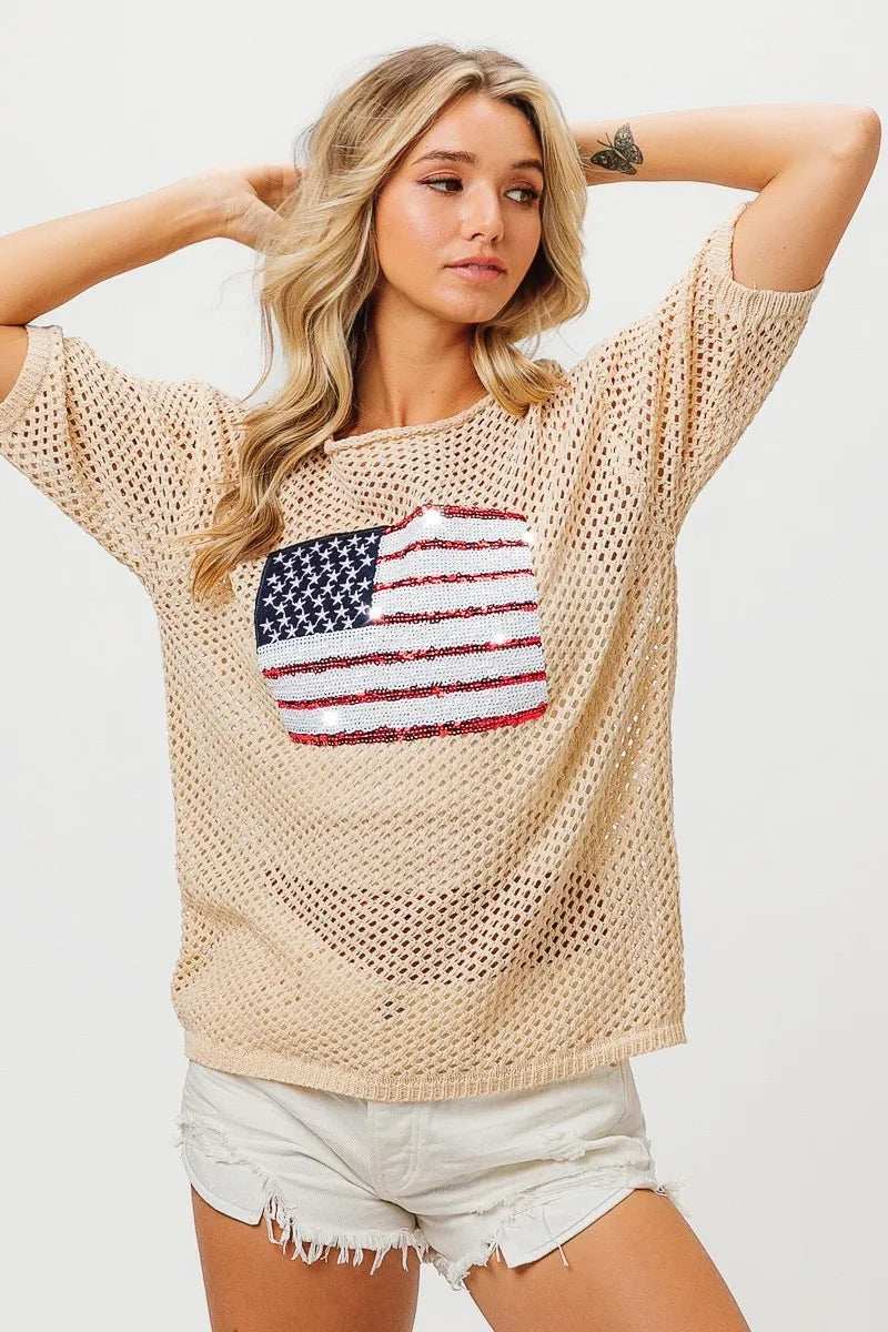 BiBi Sequin American Flag Knit Cover Up - Trendsi - Flyclothing LLC
