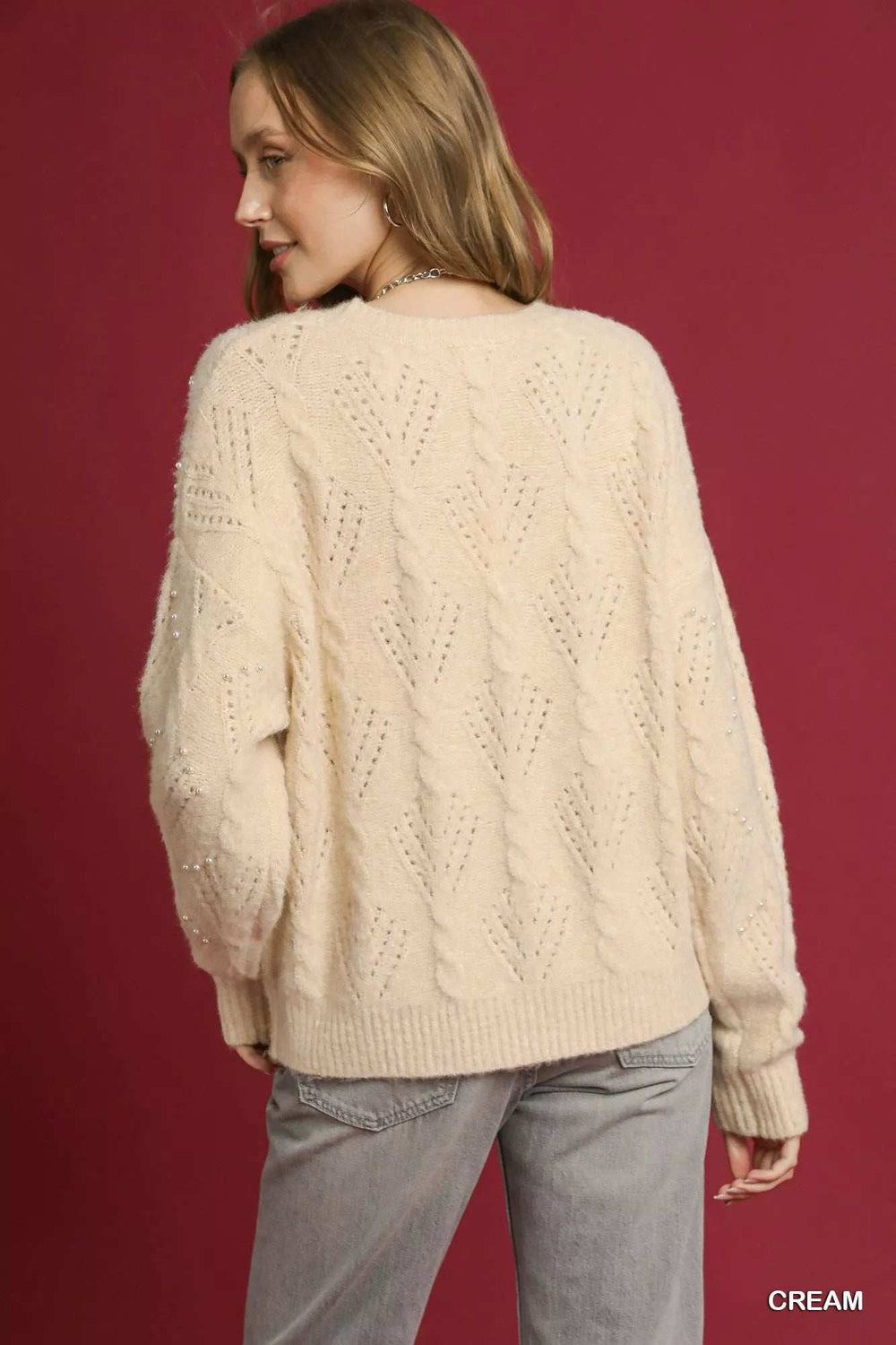 Umgee Pearl-Embellished Long Sleeve Sweater - Trendsi - Flyclothing LLC