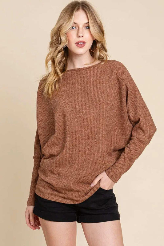 BOMBOM Drop Shoulder Long Sleeve Knit Top - Trendsi - Flyclothing LLC
