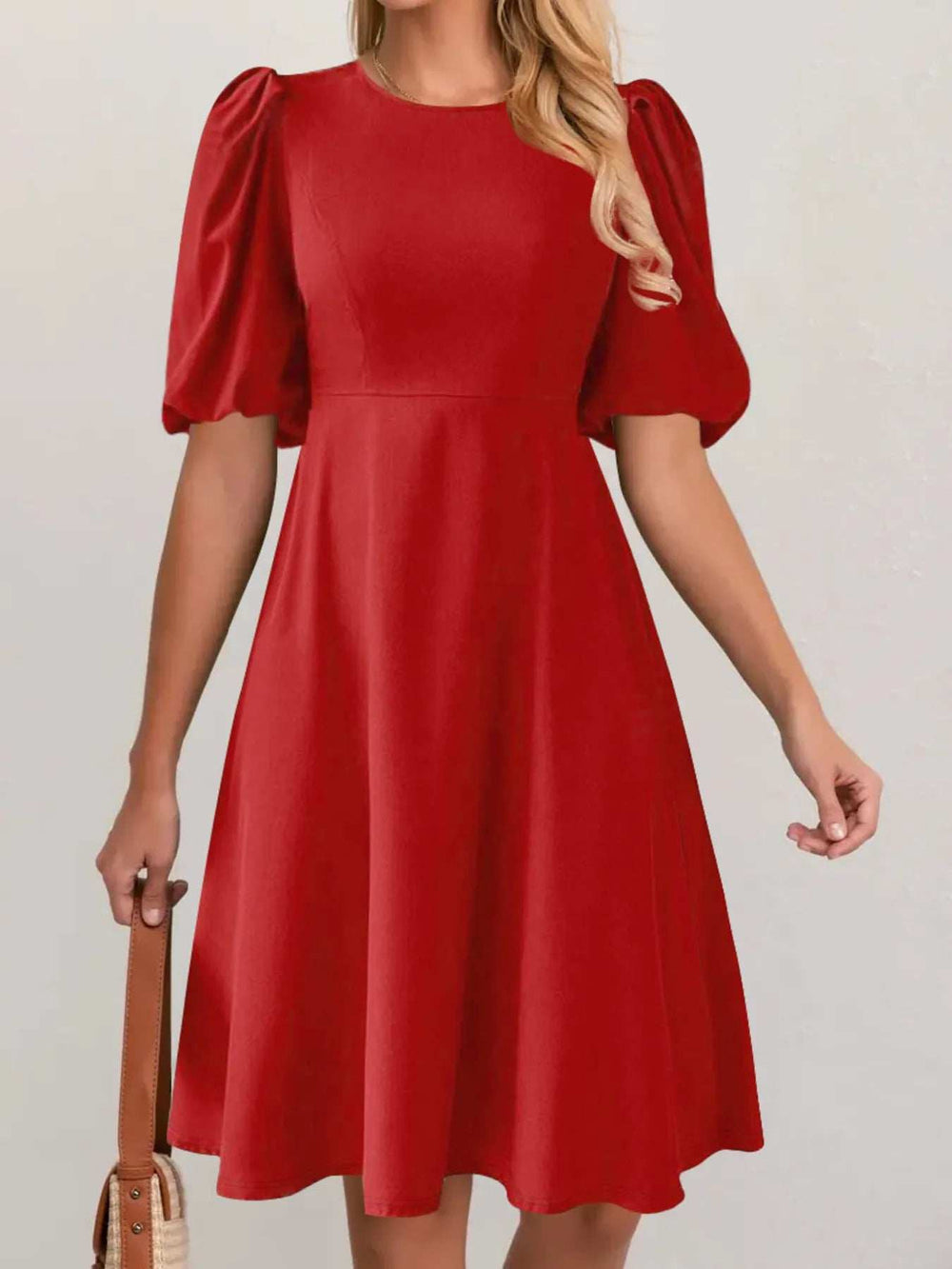 Round Neck Puff Sleeve A-Line Dress - Trendsi - Flyclothing LLC