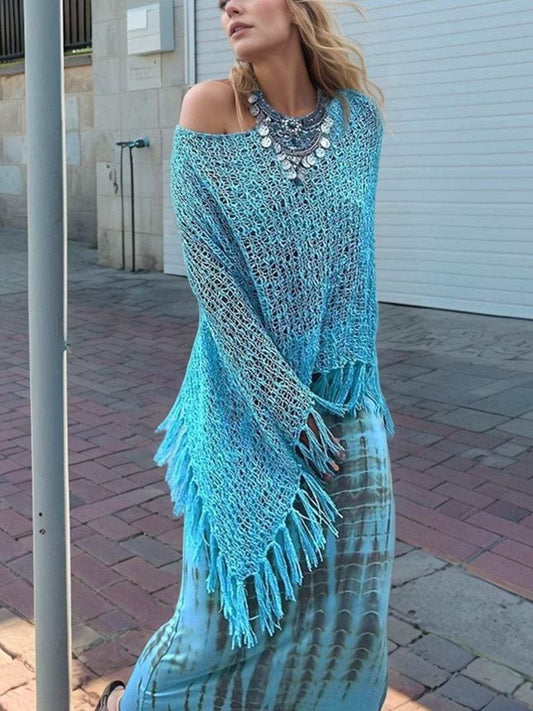 Tassel Boat Neck Knit Shawl - Trendsi - Flyclothing LLC
