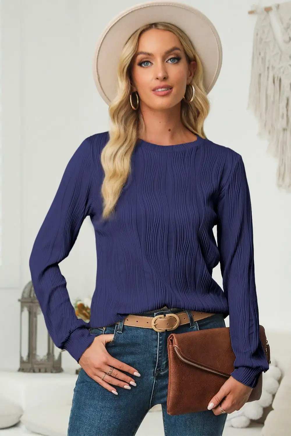 Textured Round Neck Long Sleeve Blouse - Trendsi - Flyclothing LLC