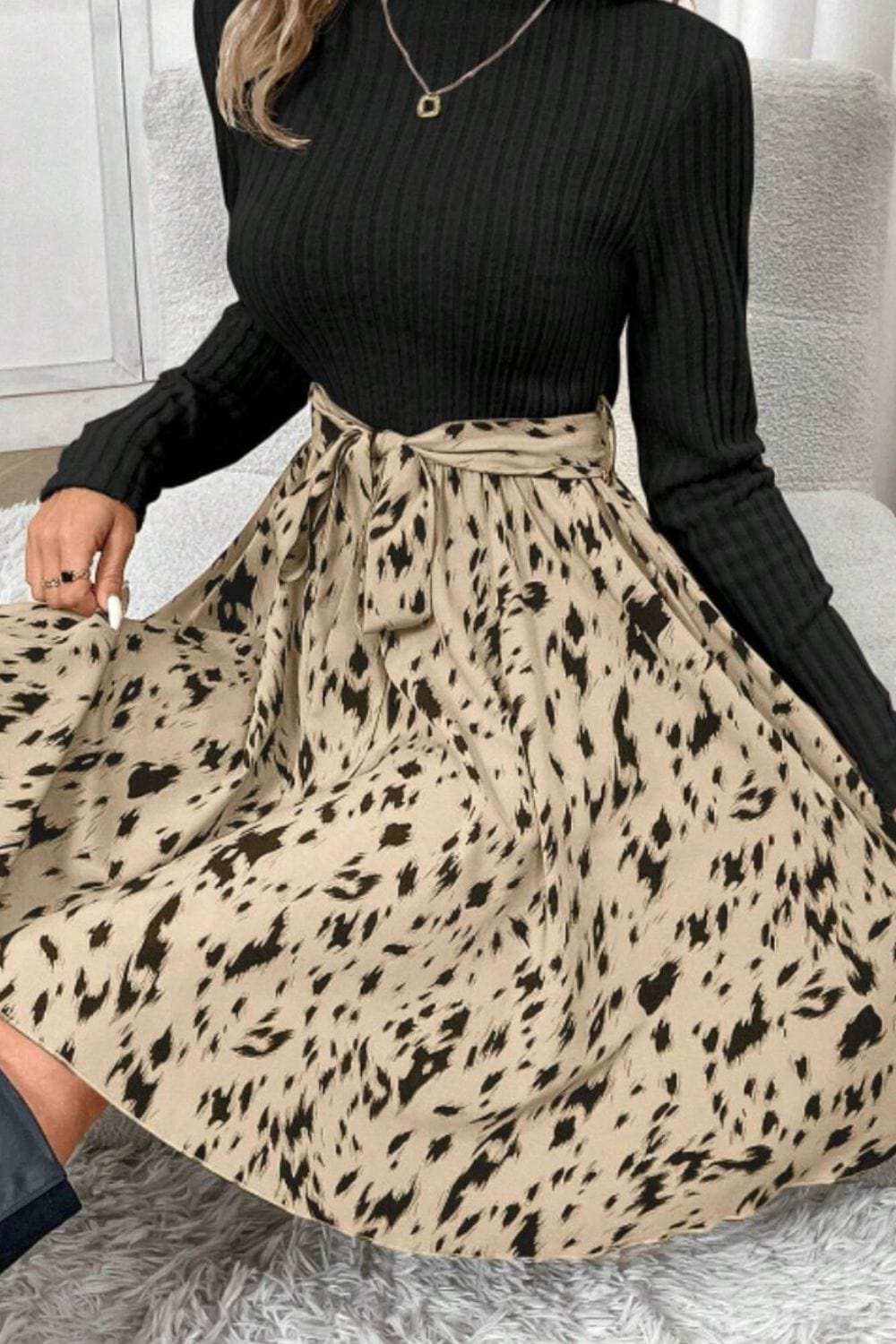 Printed Tie Waist Mock Neck Long Sleeve Dress - Trendsi - Flyclothing LLC