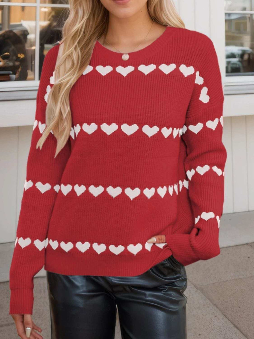 Heart Round Neck Long Sleeve Sweater - Trendsi - Flyclothing LLC