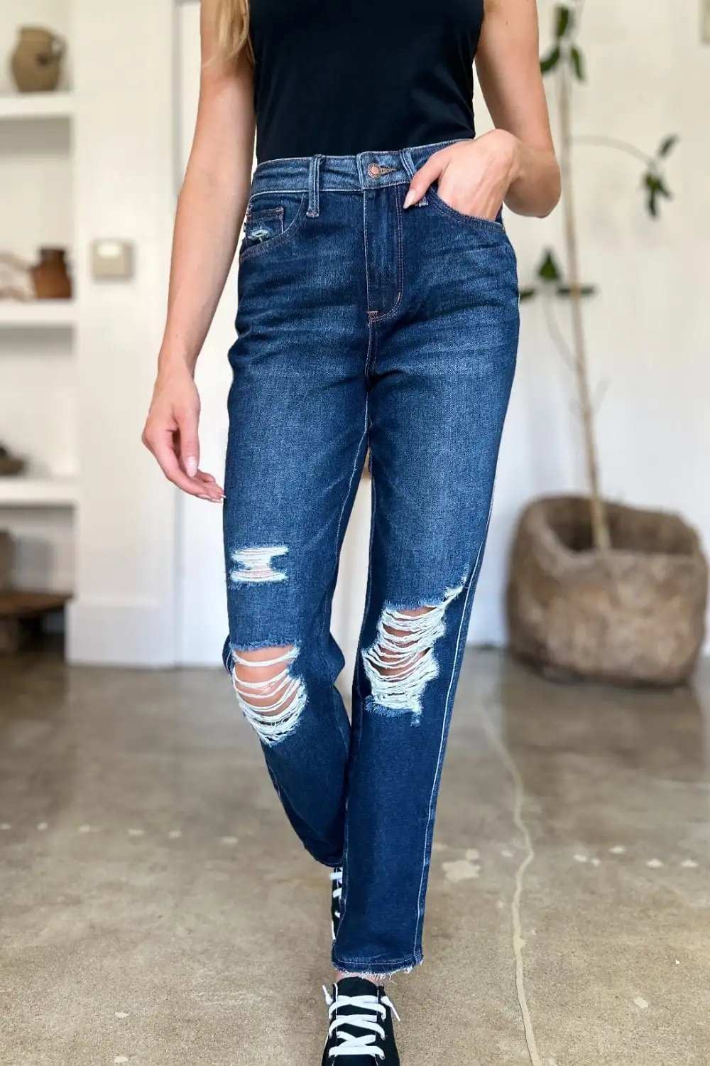 Judy Blue Full Size High Waist Rigid Magic Heavy Destroy Straight Jeans - Trendsi - Flyclothing LLC