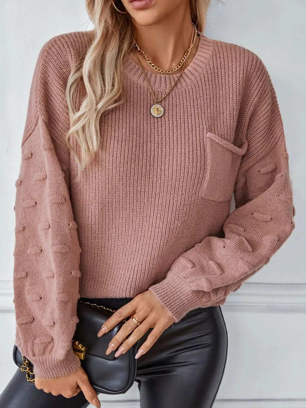 Round Neck Drop Shoulder Sweater - Trendsi - Flyclothing LLC