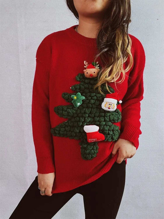 Christmas Tree Round Neck Long Sleeve Sweater - Trendsi - Flyclothing LLC