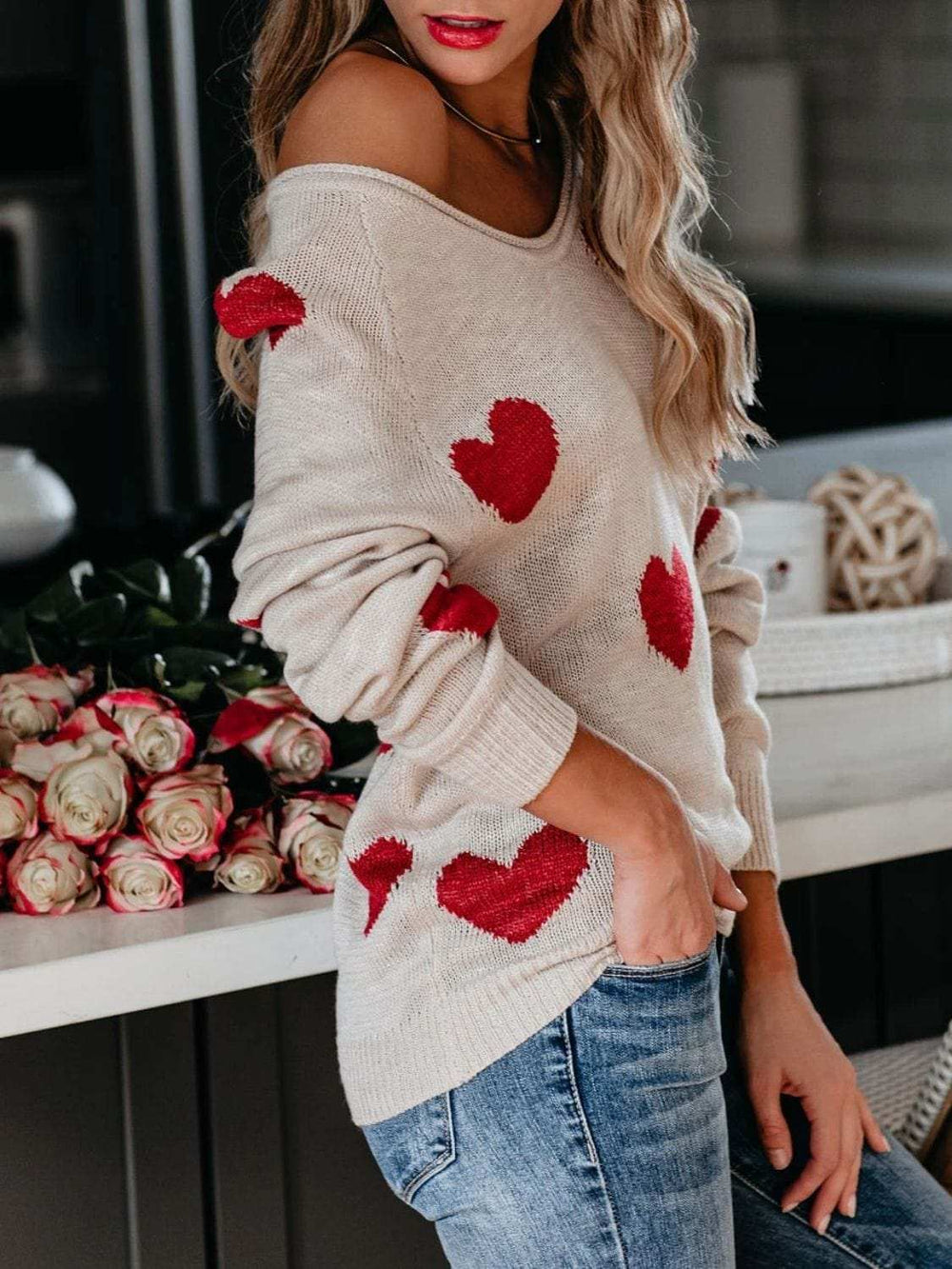 Heart Scoop Neck Long Sleeve Sweater - Trendsi - Flyclothing LLC