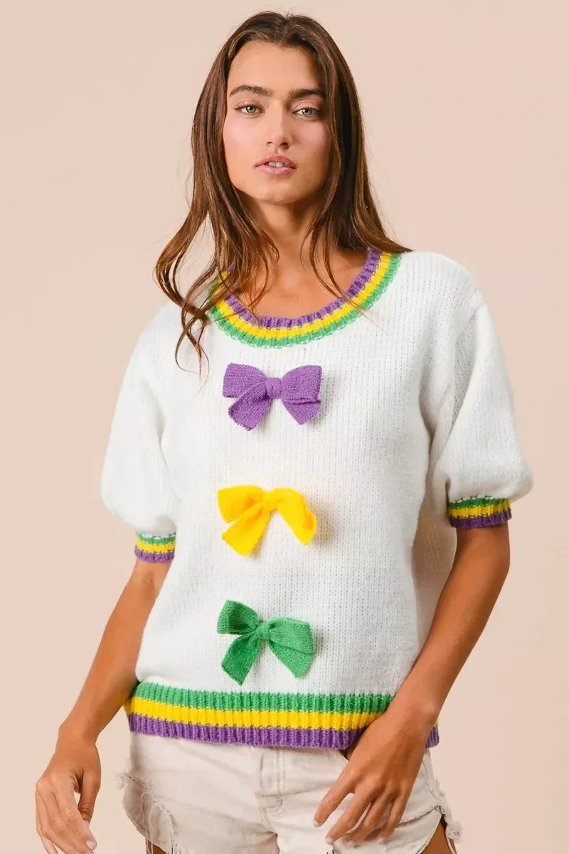 BiBi Short Puff Sleeve Ribbon Bow Mardi Gras Sweater - Trendsi - Flyclothing LLC
