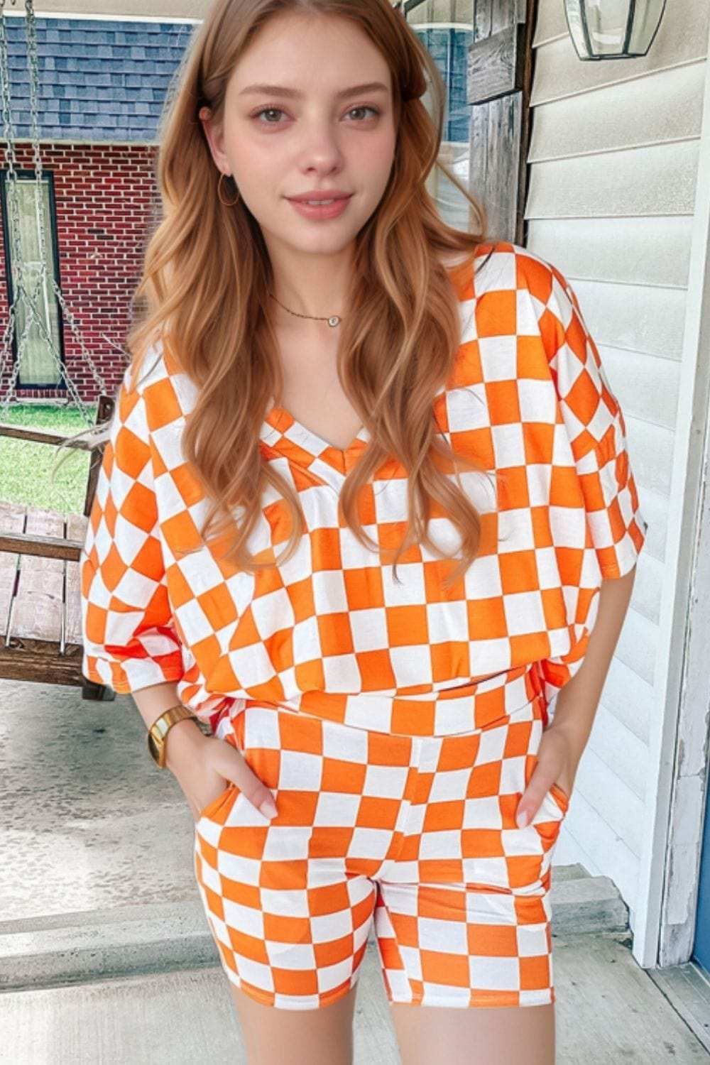 Checkerboard V Neck Loose Tee and Shorts Set - Trendsi - Flyclothing LLC