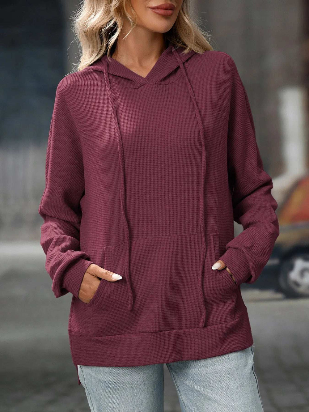 Textured Drawstring Long Sleeve Hoodie - Trendsi - Flyclothing LLC