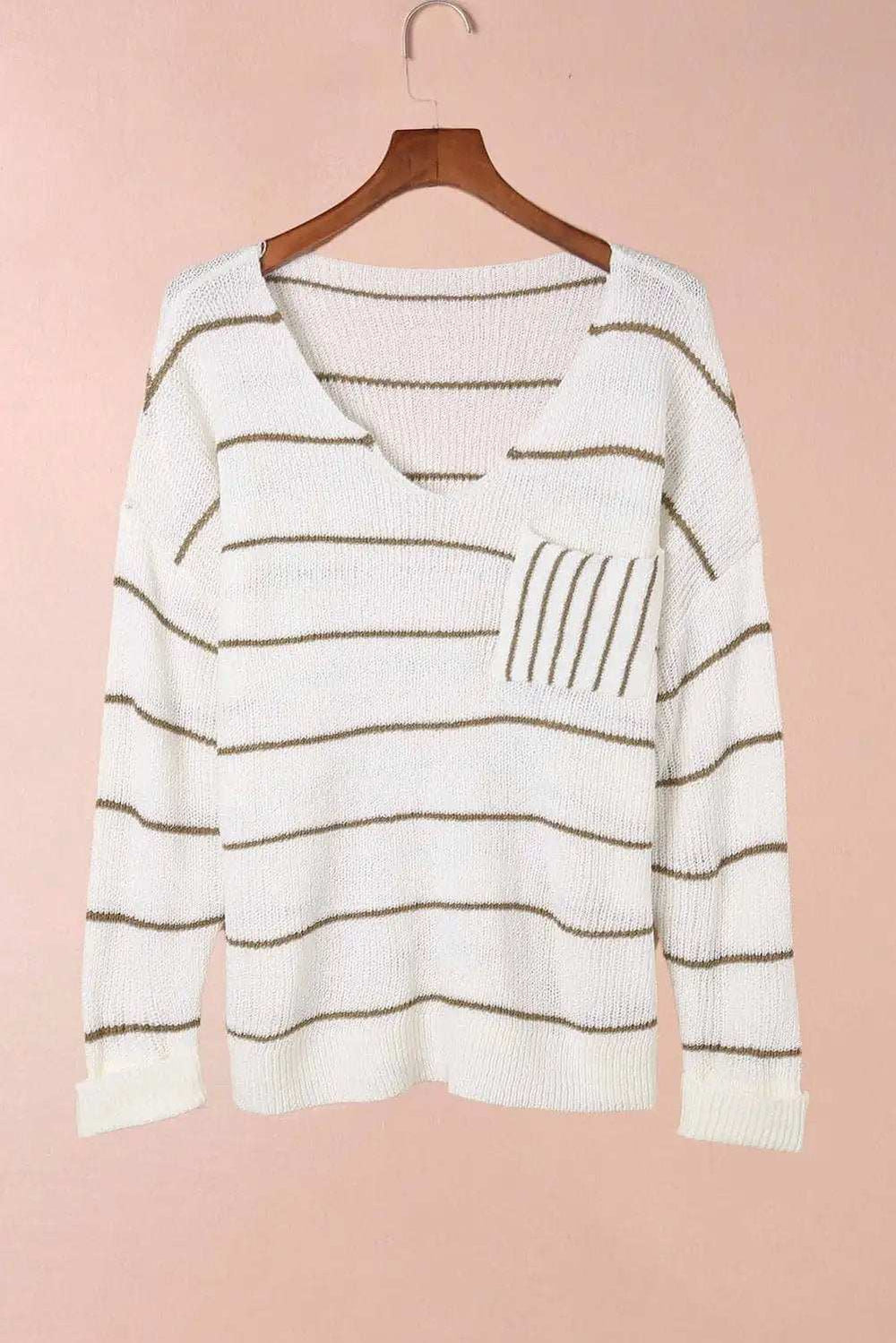 Striped V-Neck Drop Shoulder Sweater - Trendsi - Flyclothing LLC