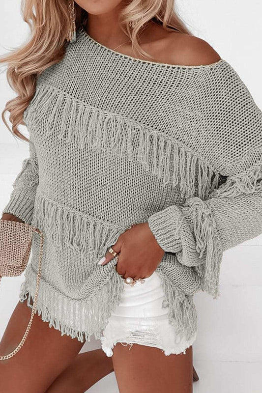 Fringe Boat Neck Long Sleeve Sweater - Trendsi - Flyclothing LLC
