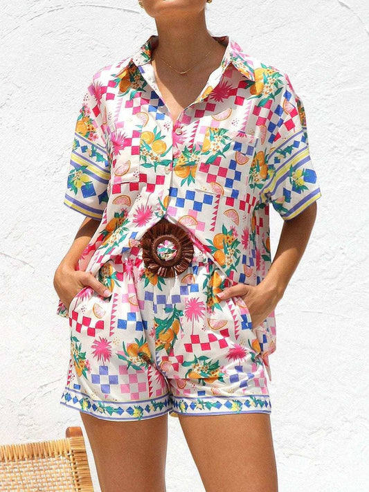 Printed Button Down Short Sleeve Top and Shorts Set - Trendsi - Flyclothing LLC