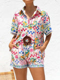 Printed Button Down Short Sleeve Top and Shorts Set - Trendsi - Flyclothing LLC