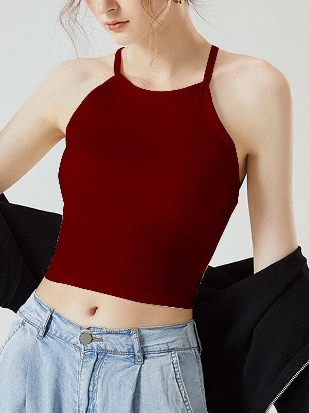 Grecian Neck Cropped Tank with Chest Pads - Trendsi - Flyclothing LLC