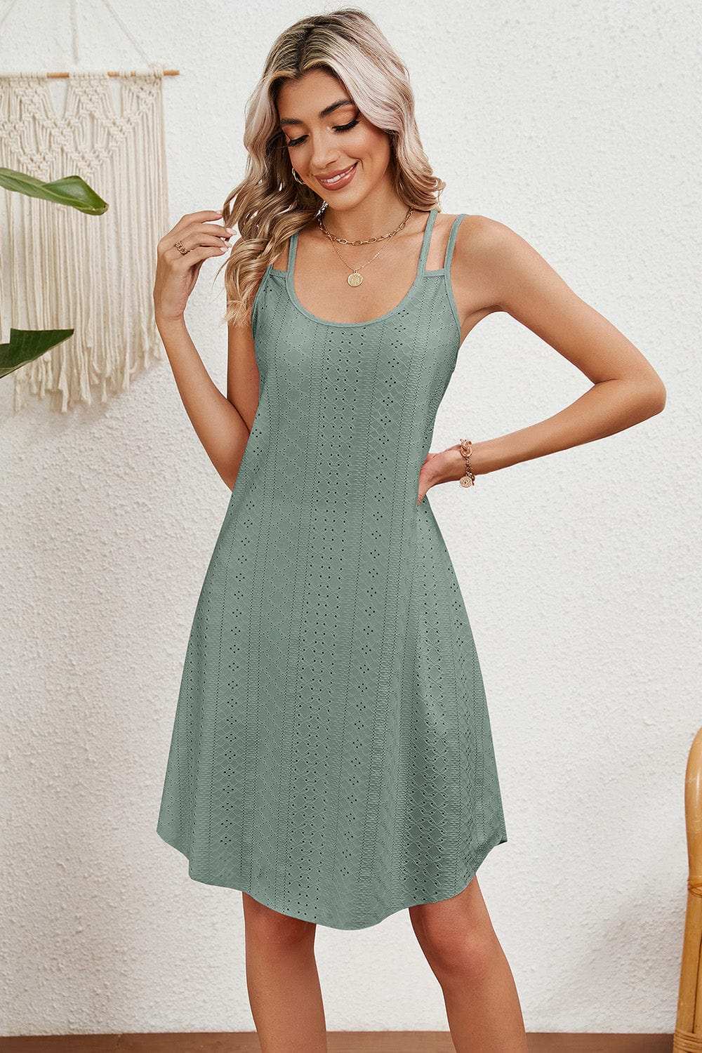Eyelet Scoop Neck Double Strap Dress - Trendsi - Flyclothing LLC