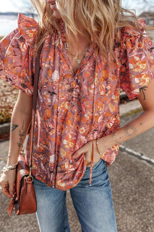 Floral Ruffled Layered Short Sleeve Tie Neck Blouse - Trendsi - Flyclothing LLC