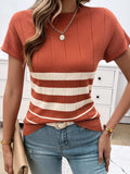 Striped Round Neck Short Sleeve Knit Top - Trendsi - Flyclothing LLC