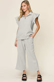 Double Take Texture Ruffle Short Sleeve Top and Drawstring Wide Leg Pants Set - Trendsi - Flyclothing LLC