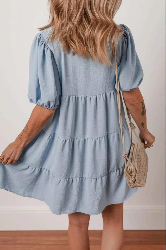 Button Up Puff Sleeve Tiered Shirt Dress - Trendsi - Flyclothing LLC