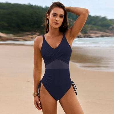 Drawstring Ruched V-Neck One-Piece Swimwear - Trendsi - Flyclothing LLC