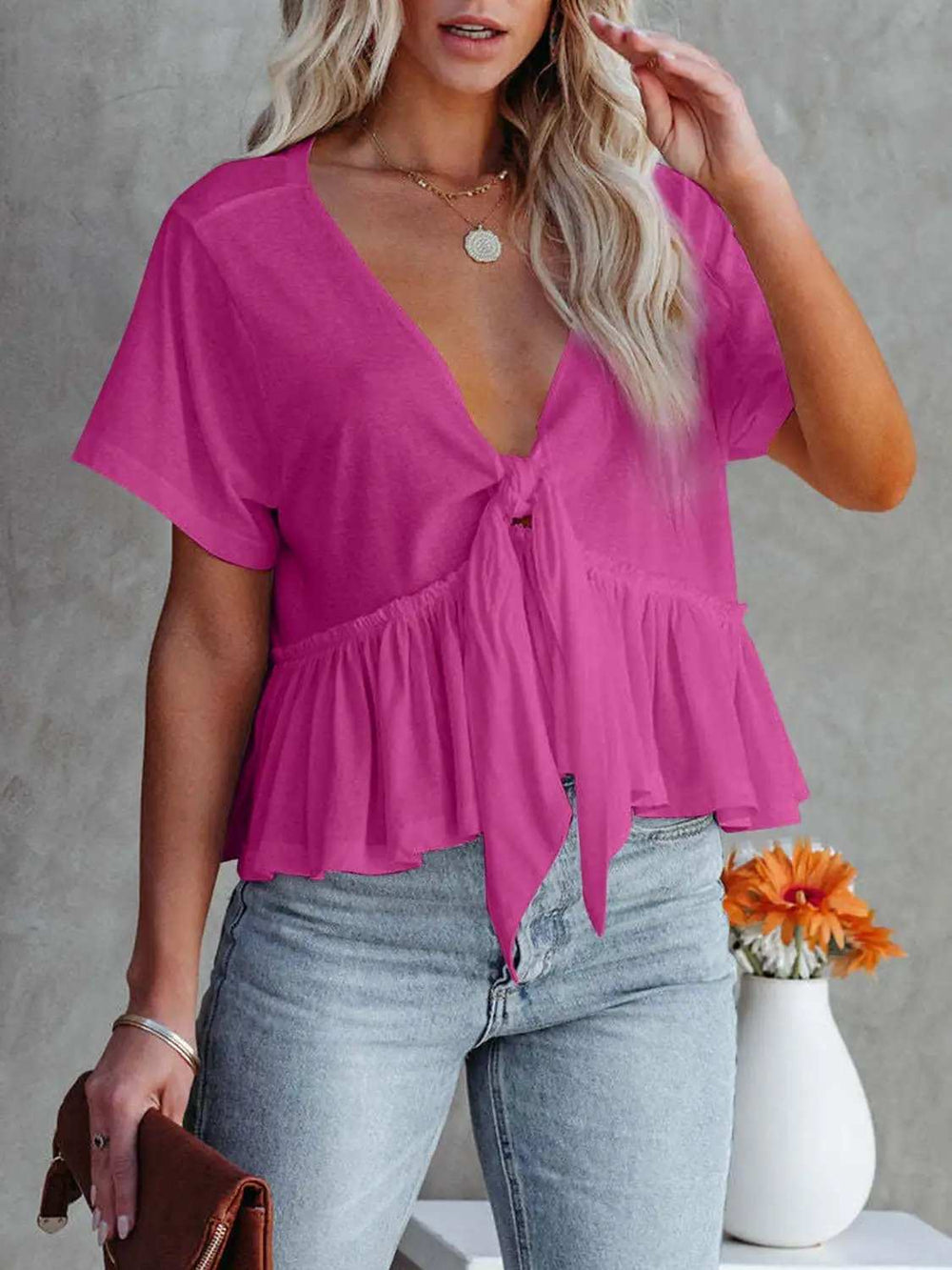 Tied Plunge Short Sleeve Blouse - Trendsi - Flyclothing LLC