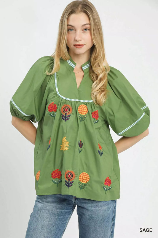 Umgee Embroidered Floral Puff Sleeve Top - Trendsi - Flyclothing LLC