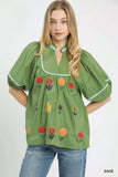 Umgee Embroidered Floral Puff Sleeve Top - Trendsi - Flyclothing LLC