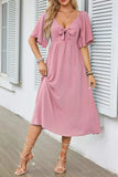 Smocked Tie Front Flutter Sleeve Midi Dress - Trendsi - Flyclothing LLC