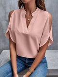 Notched Cold Shoulder Half Sleeve Blouse - Trendsi - Flyclothing LLC