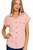 Zenana Tencel V-neck Collared Top W Front Flap Pockets - Trendsi - Flyclothing LLC