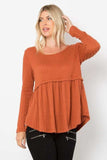 Be Stage Full Size Texture Babydoll Round Neck Long Sleeve Knit Top - Trendsi - Flyclothing LLC