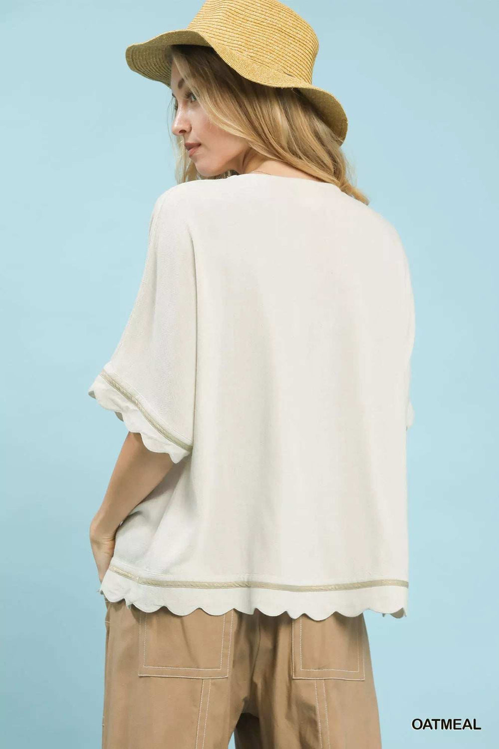 Umgee Linen Blend Scallop Trim Top - Trendsi - Flyclothing LLC