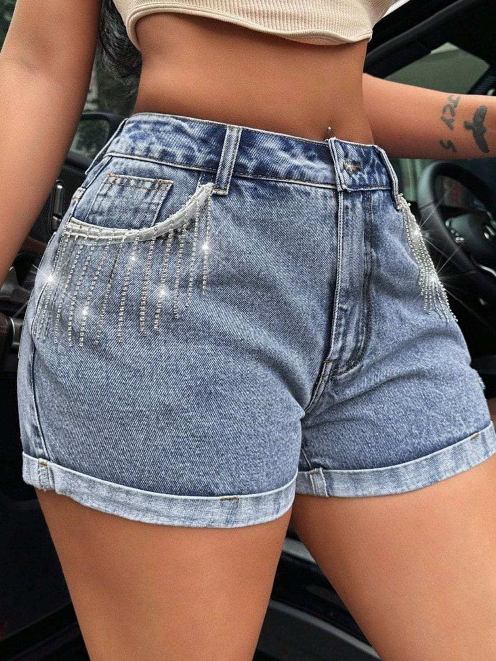 Rhinestone Fringe Denim Shorts - Trendsi - Flyclothing LLC