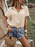 Drawstring Button Up Short Sleeve Blouse - Trendsi - Flyclothing LLC