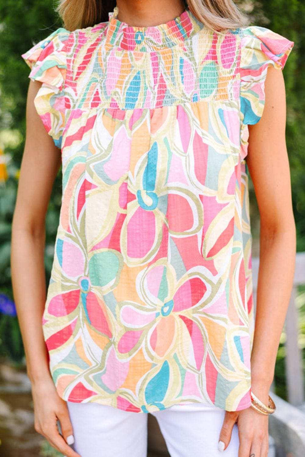 Ruffled Printed Mock Neck Cap Sleeve Blouse - Trendsi - Flyclothing LLC