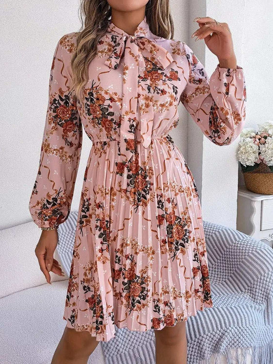 Pleated Printed Tie Neck Long Sleeve Dress - Trendsi - Flyclothing LLC