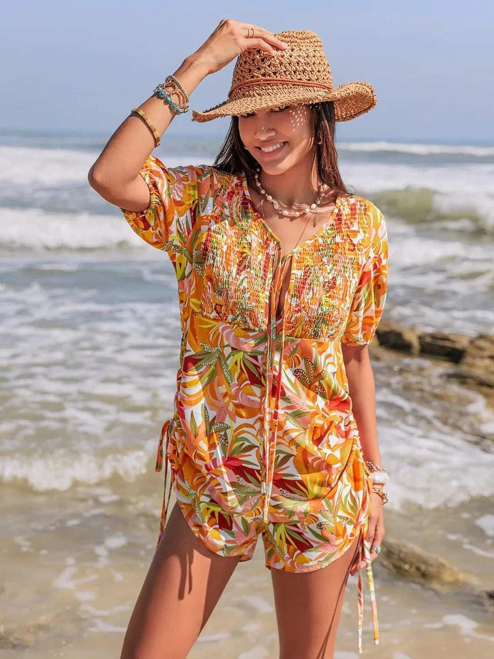 Smocked Printed Tie Neck Romper - Trendsi - Flyclothing LLC