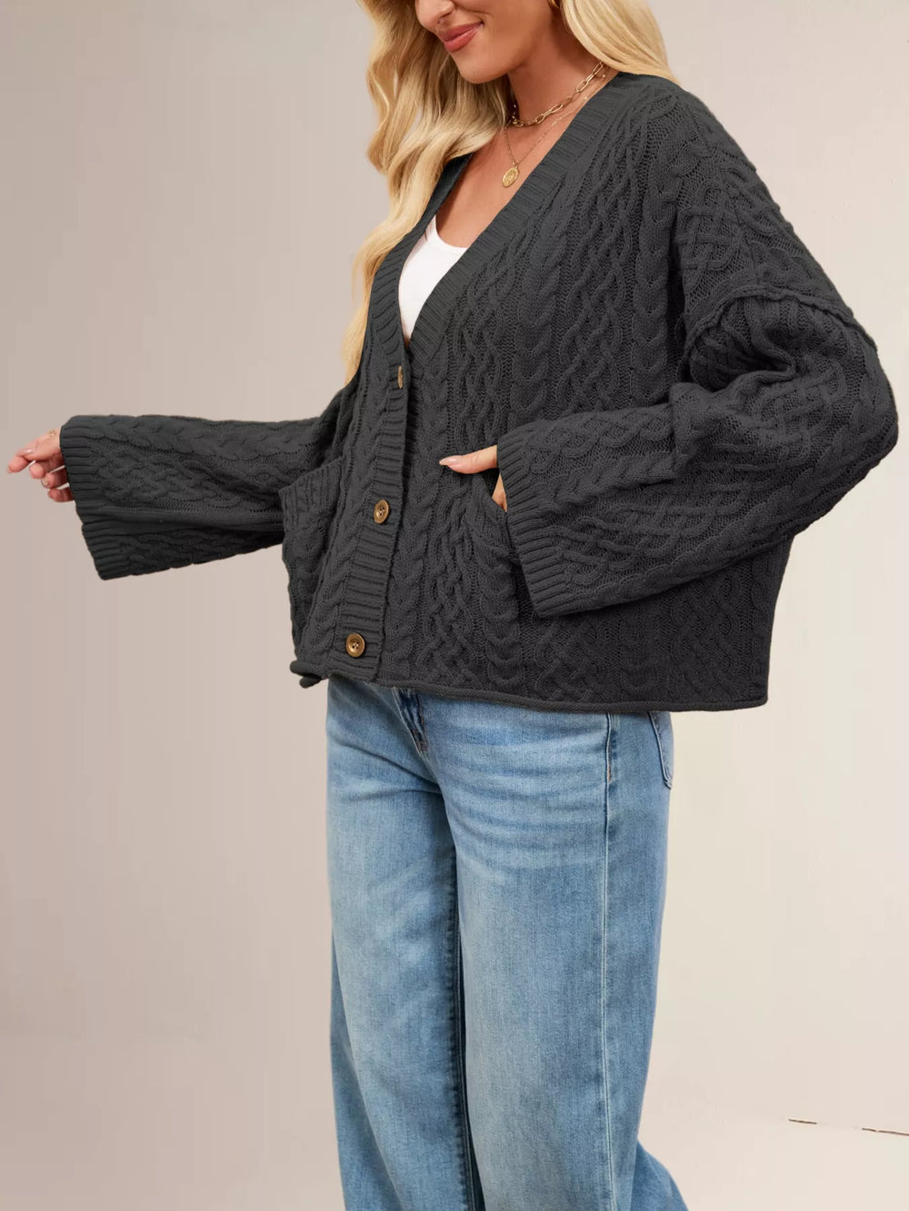 Cable Knit Button-Down Cardigan - Trendsi - Flyclothing LLC