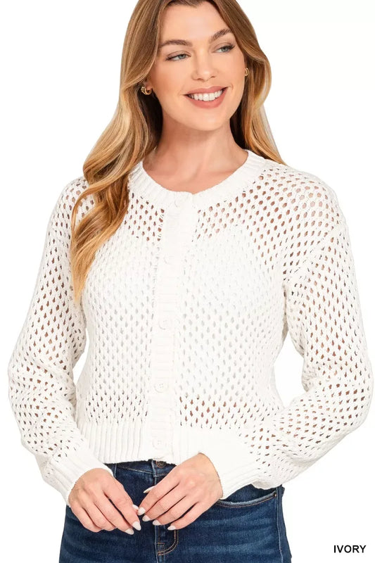 Zenana Button Down Lightweight Crochet Cardigan Sweater - Trendsi - Flyclothing LLC
