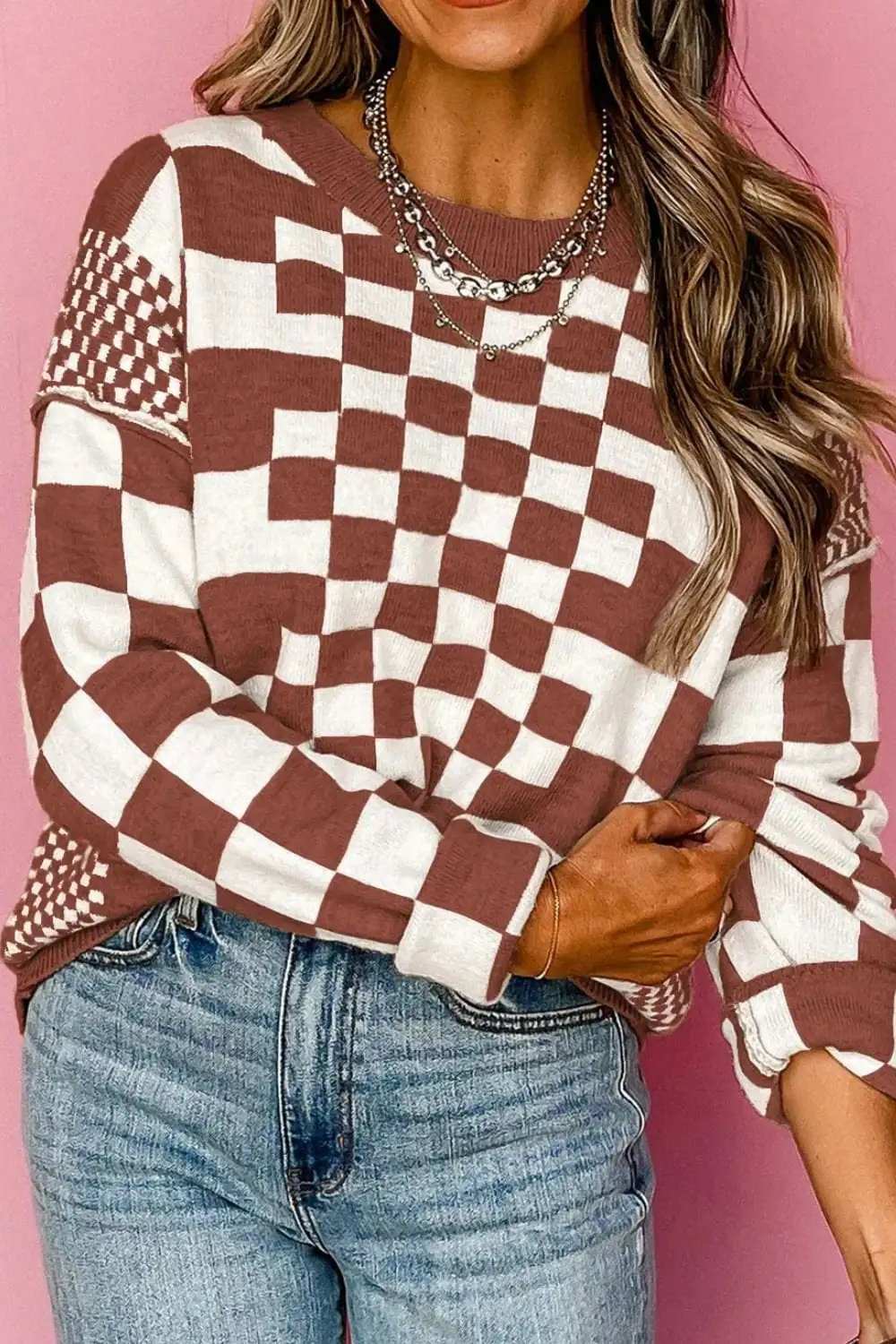 Checkered Round Neck Long Sleeve Sweater - Trendsi - Flyclothing LLC