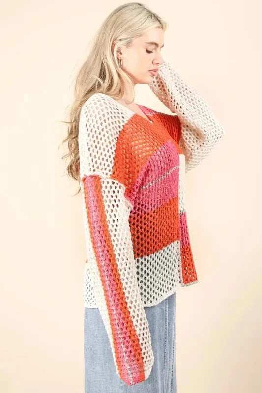 VERY J Color Block Oversized Summer Knit Cover Up - Trendsi - Flyclothing LLC