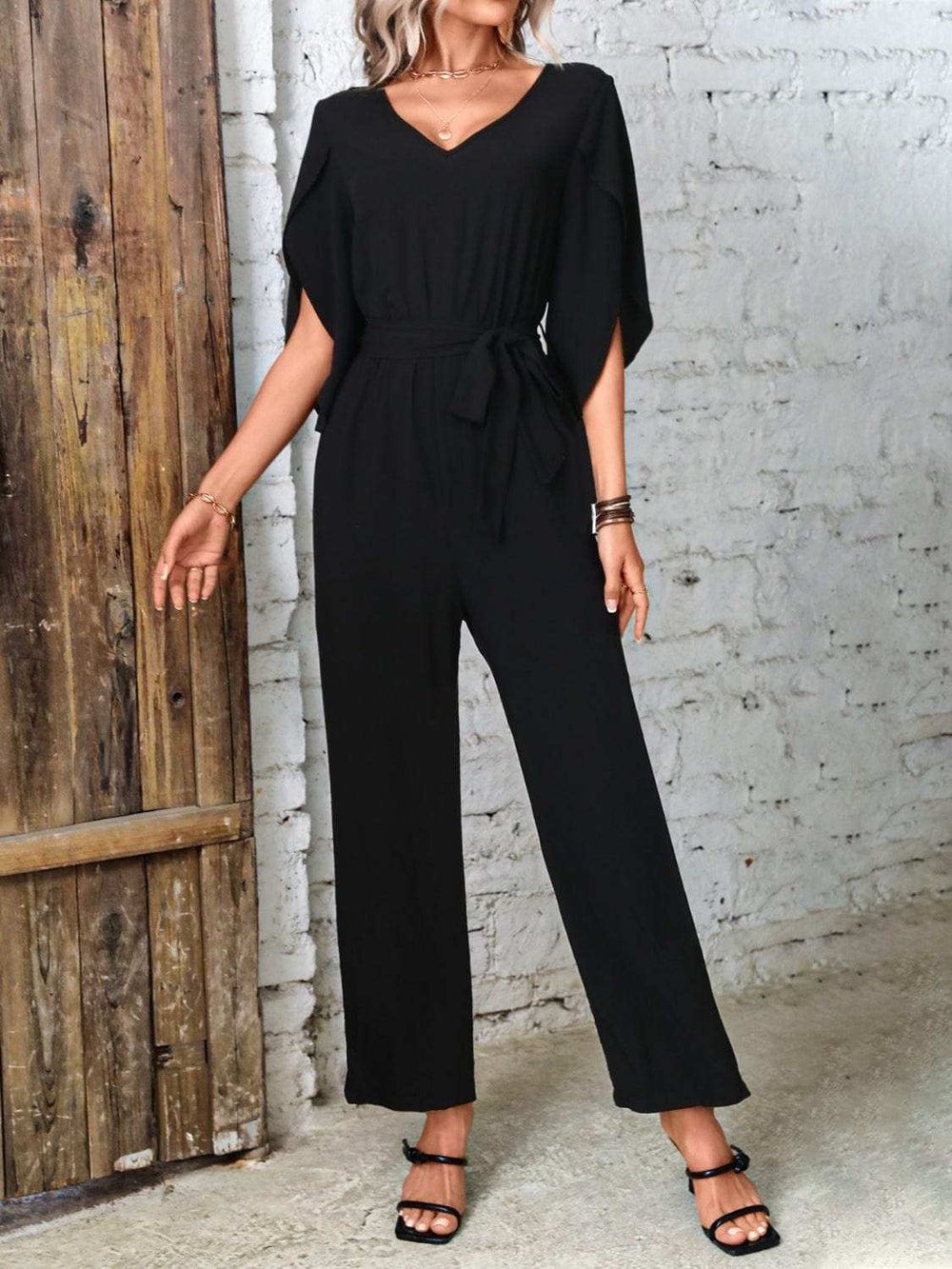 Tied V-Neck Half Sleeve Wide Leg Jumpsuit - Trendsi - Flyclothing LLC