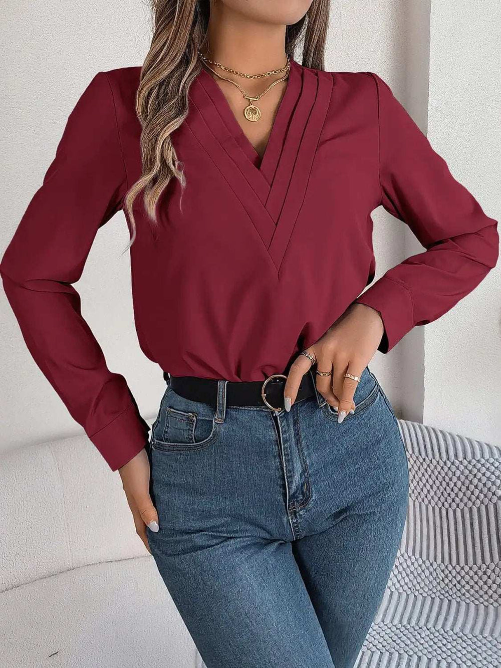 V-Neck Long Sleeve Blouse - Trendsi - Flyclothing LLC